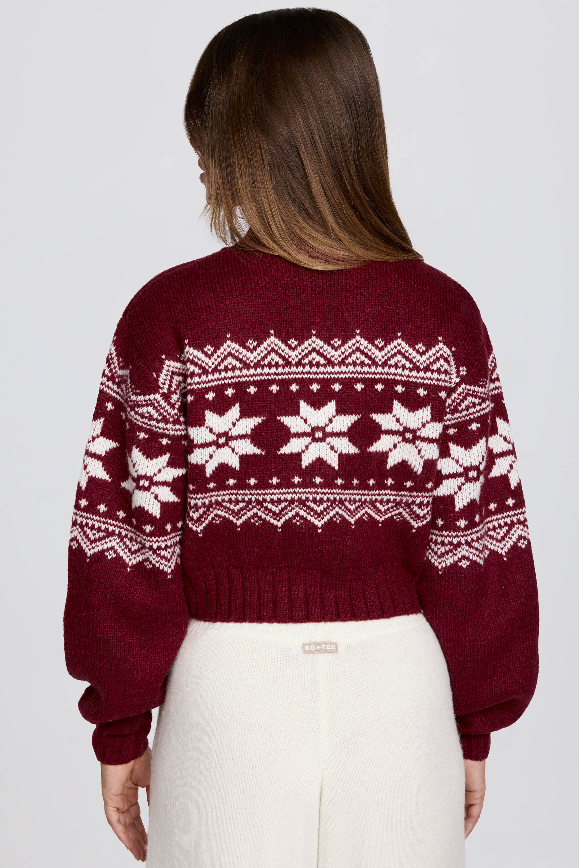 Jacquard-Knit Cropped Jumper in Crimson Red - 2