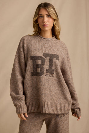 Ribbed Knit Oversized Jumper in Brown Marl