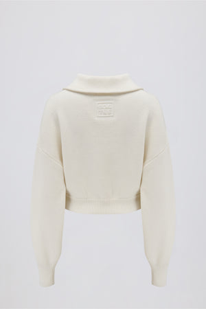 Ribbed Knit Zip-Up Cropped Sweatshirt in Ivory