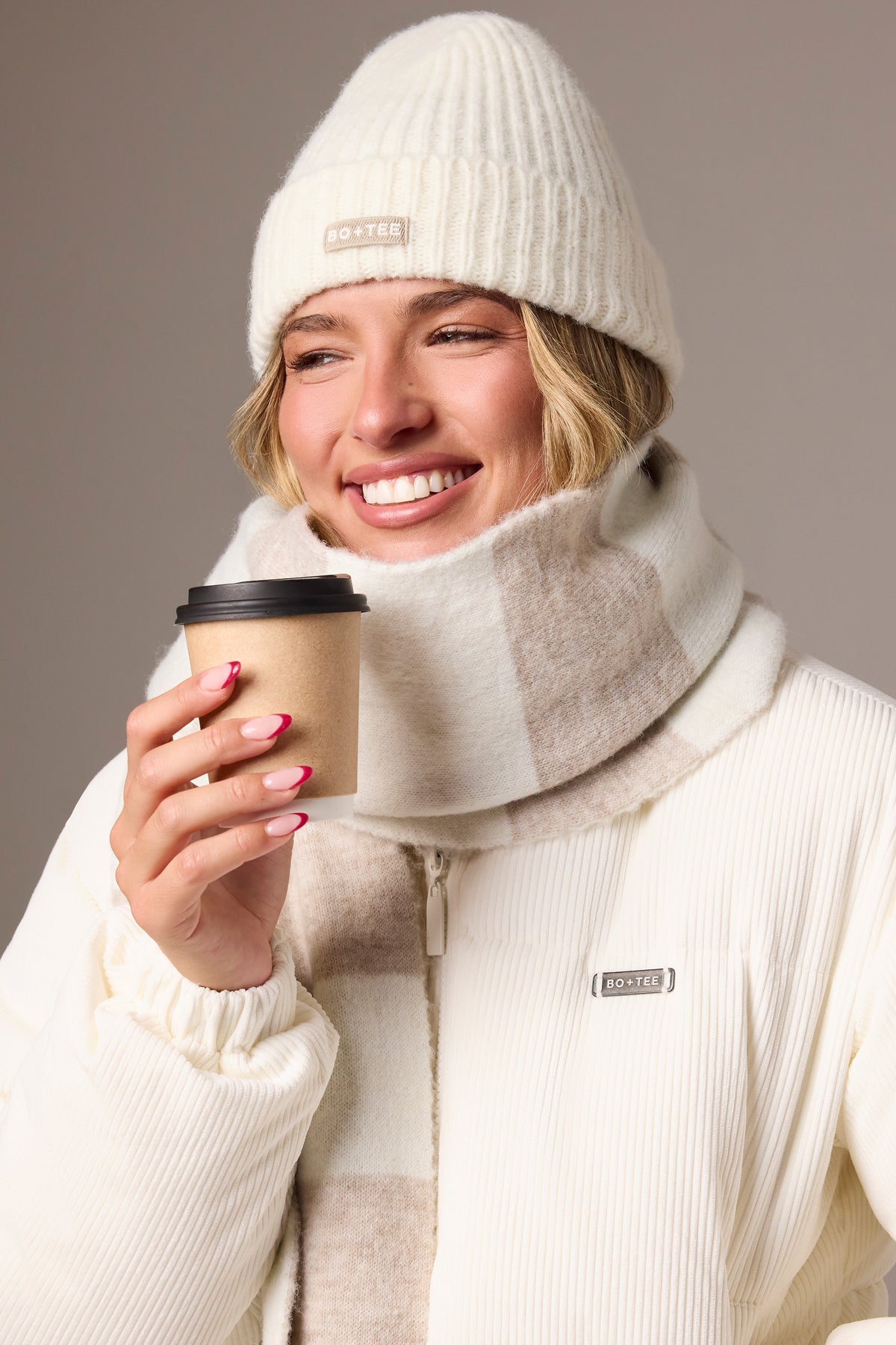 Ribbed Knit Beanie Hat in Ivory