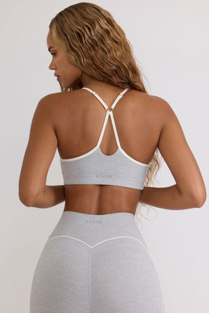 Bo+Tee model Hayley wearing the WithLovePerfectMatch Sports Bra in Grey Marl Soft Active (Cut & Sew) fabric perfect for morning yoga