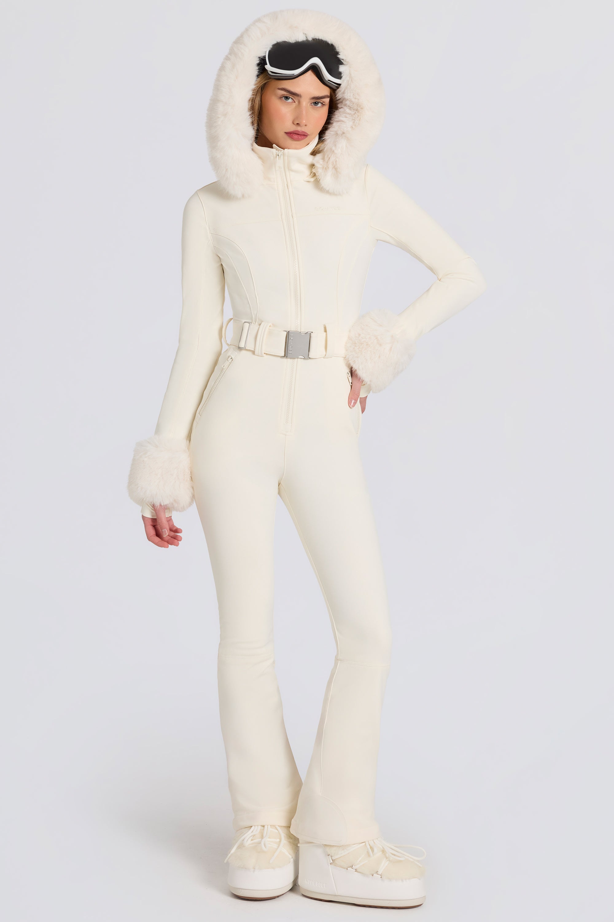 Waterproof Faux-Fur Hood Fitted Ski Suit in Ice