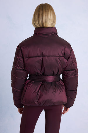 Waterproof Belted Oversized Ski Jacket in Burgundy