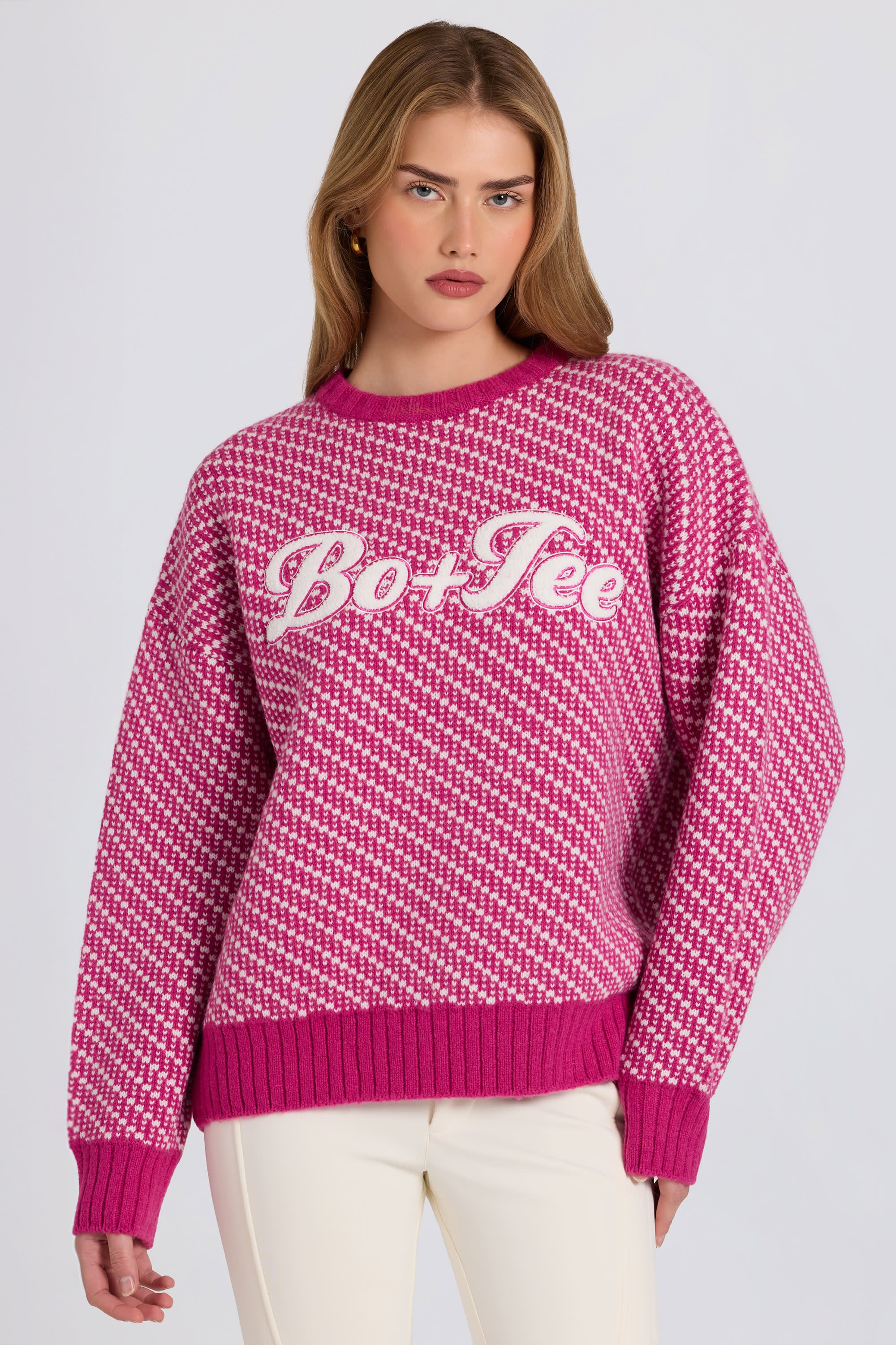 Knit Logo Oversized Jumper in Magenta Pink - 1