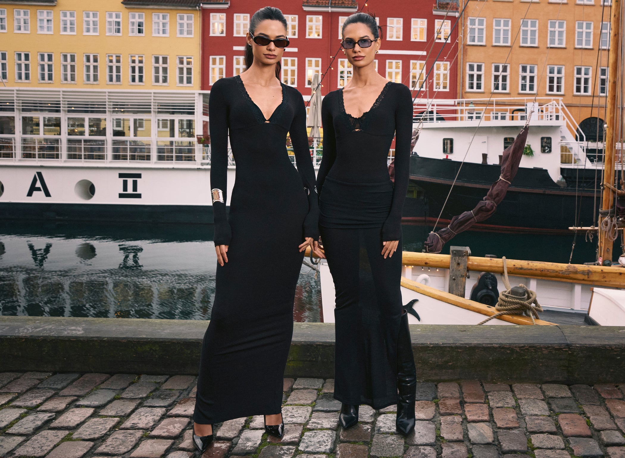 Ribbed Modal Long-Sleeve Plunge Maxi Dress in Black - 1