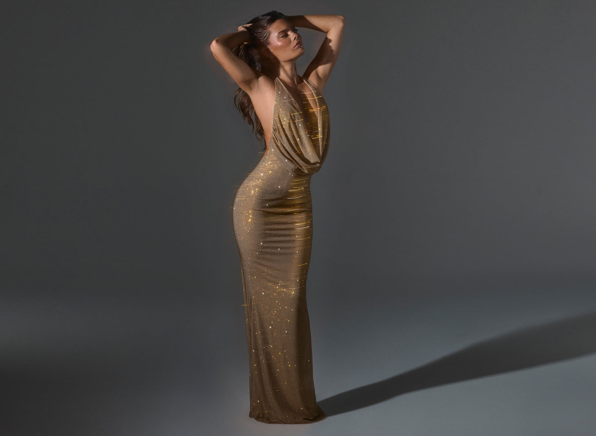 Embellished Cowl-Neck Backless Gown in Gold - 1
