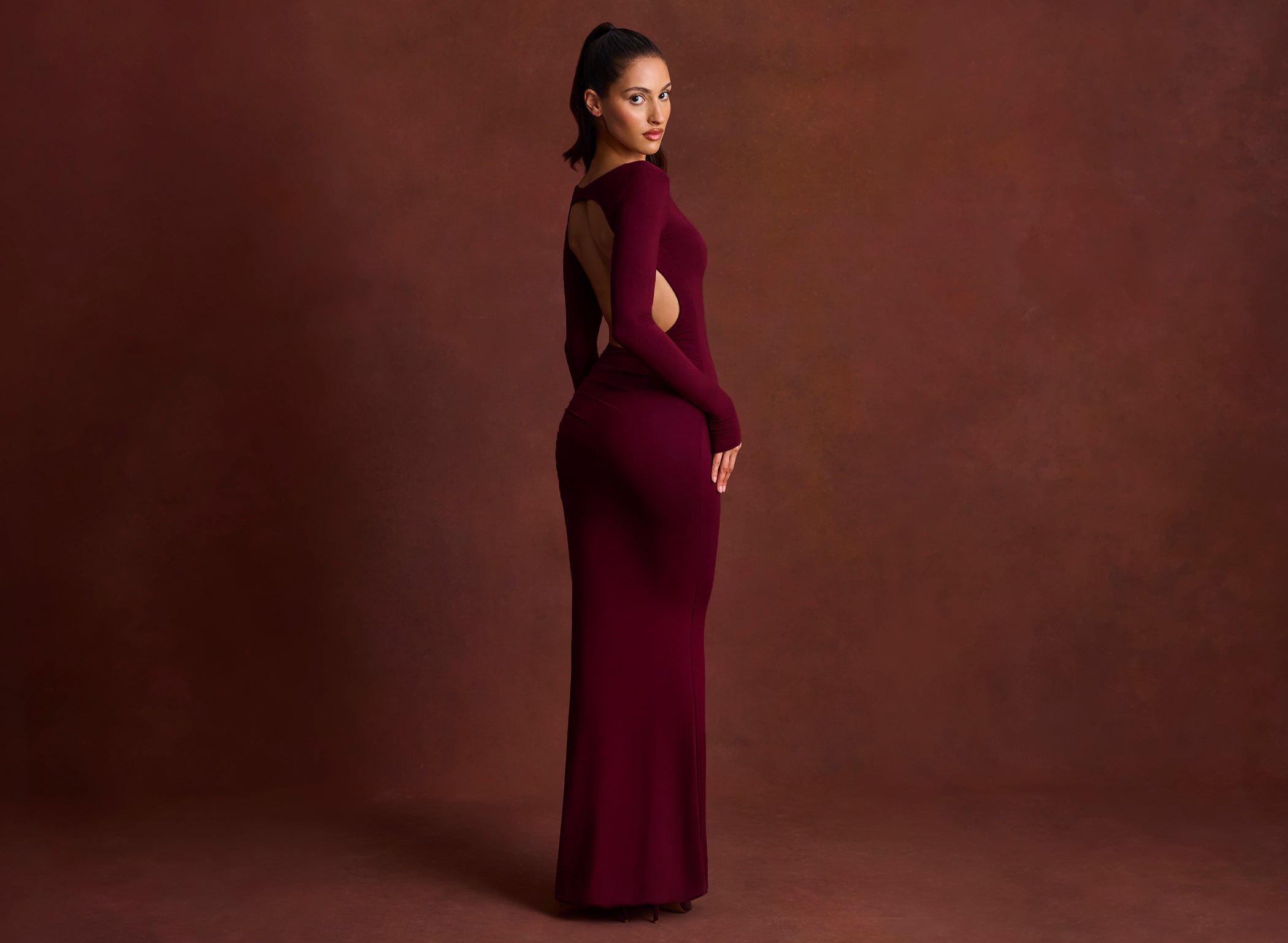 Modal Ruched Backless Maxi Dress in Wine - 1