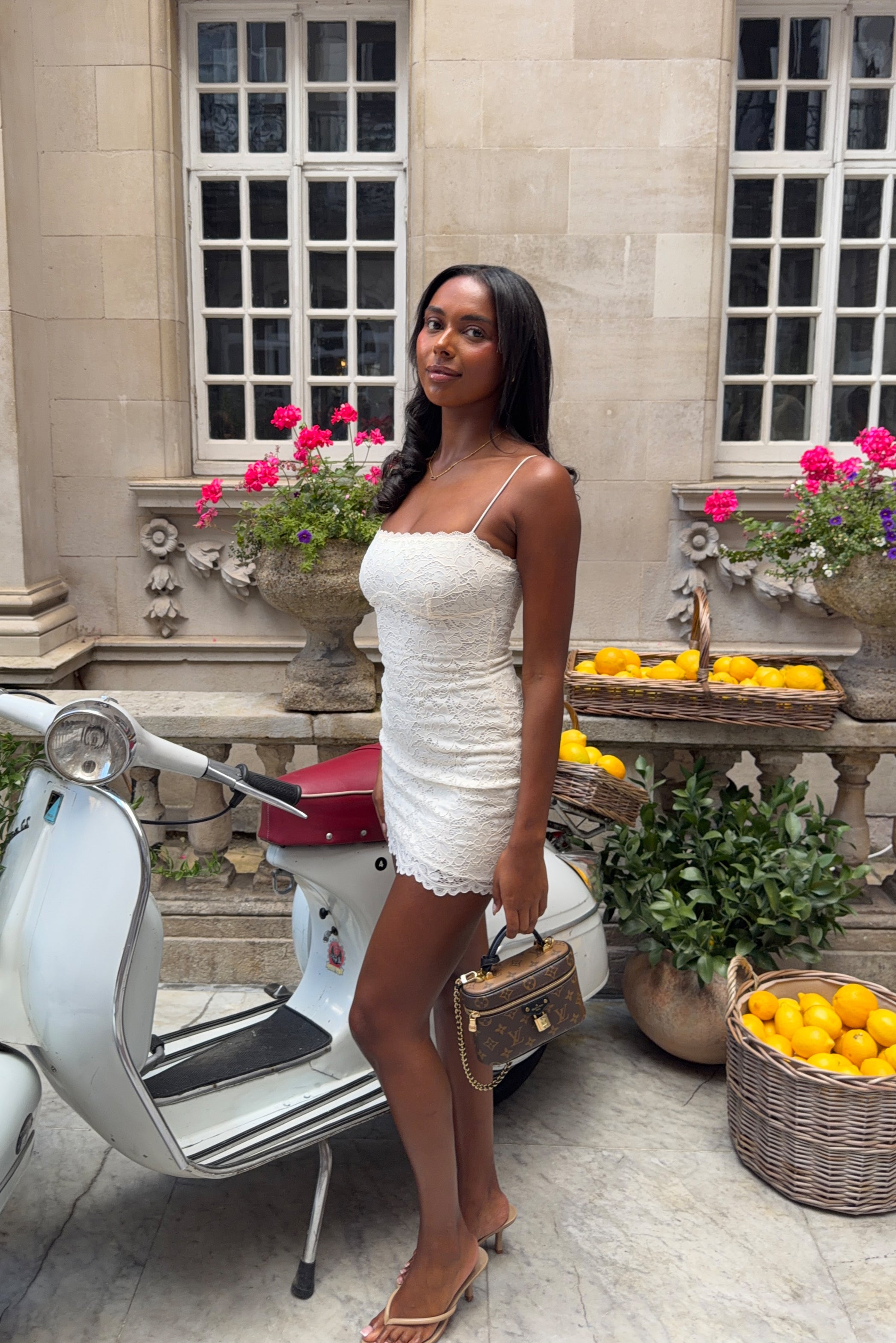Scalloped-Lace Mini Dress in White - 1