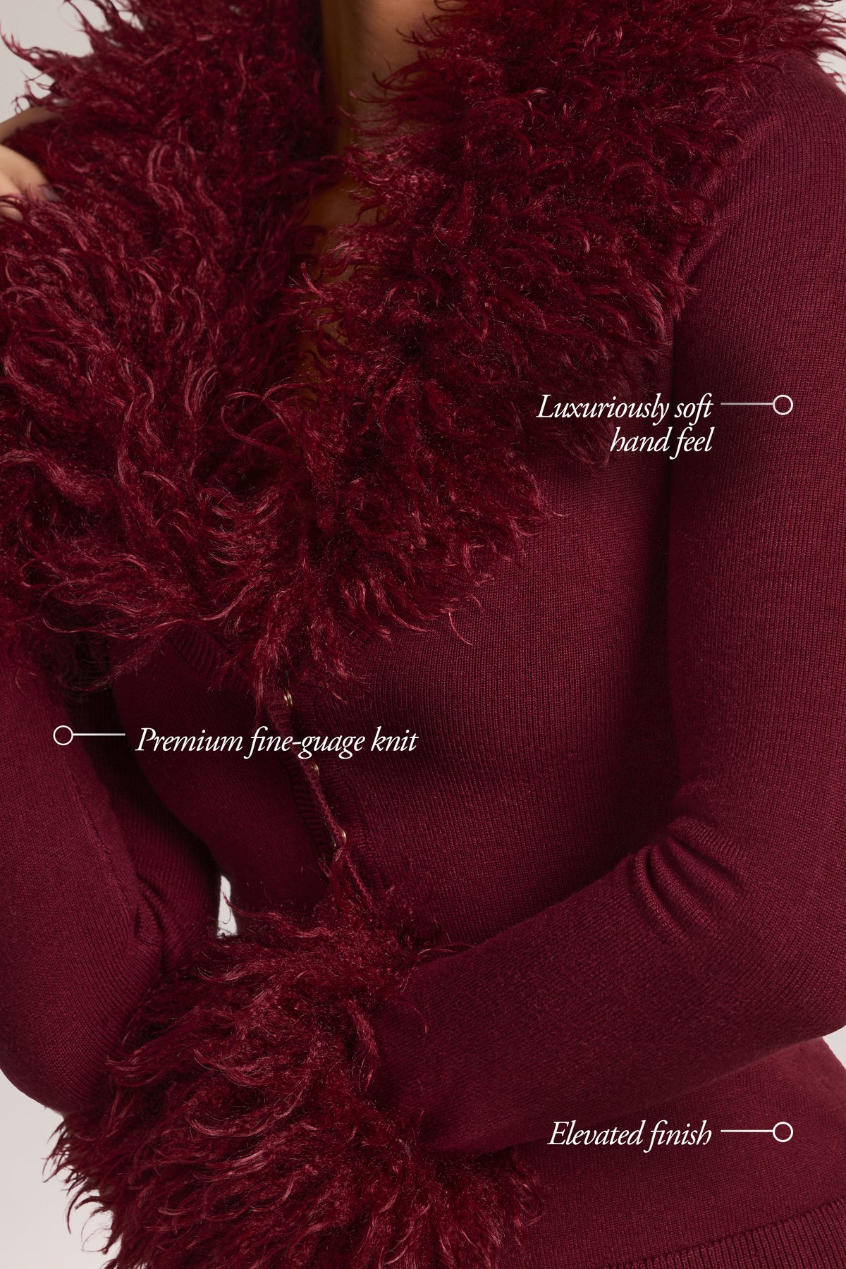 ⁣⁢Cardigan aus mongolischem Fellbesatz in Wine⁤⁣ - 1