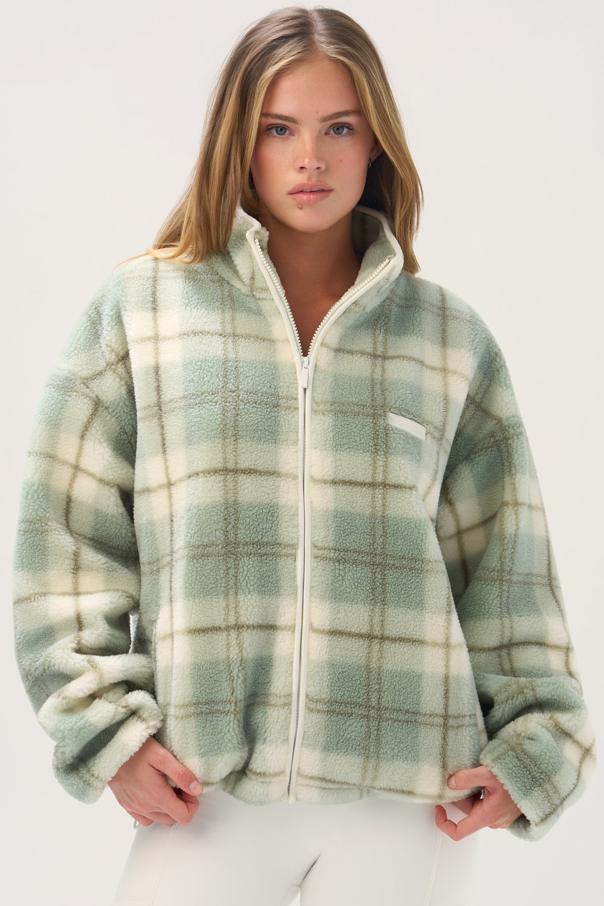 ⁣⁢Oversized Reißverschluss-Fleece in Matcha Plaid⁤⁣