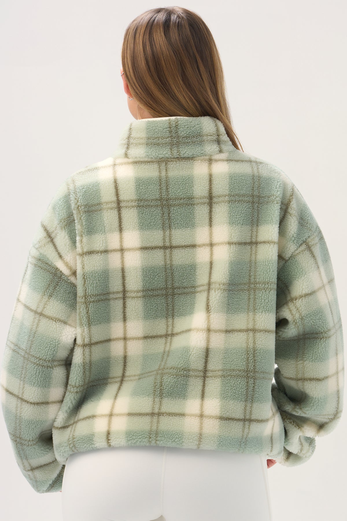 ⁣⁢Oversized Reißverschluss-Fleece in Matcha Plaid⁤⁣