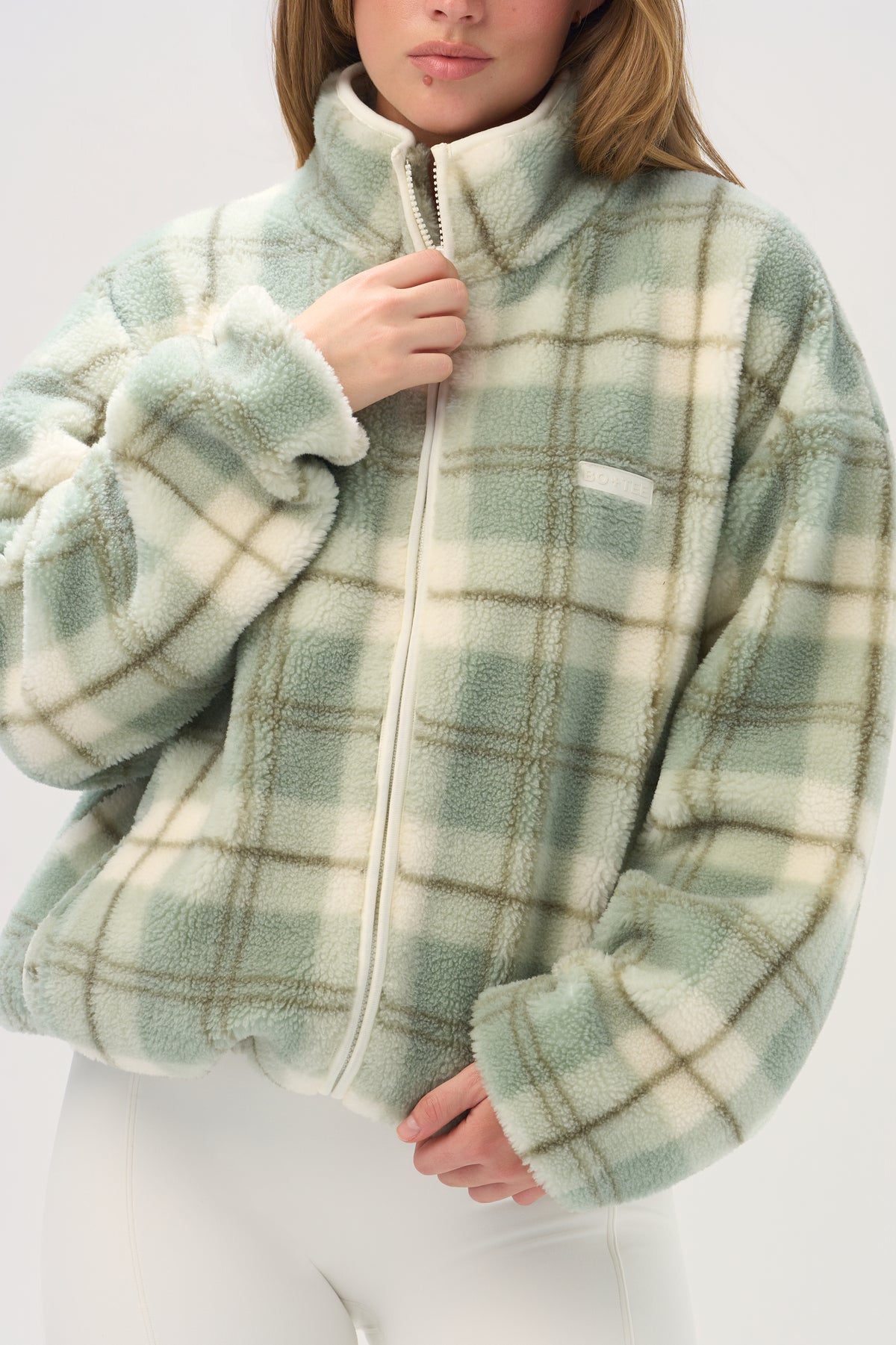 ⁣⁢Oversized Reißverschluss-Fleece in Matcha Plaid⁤⁣