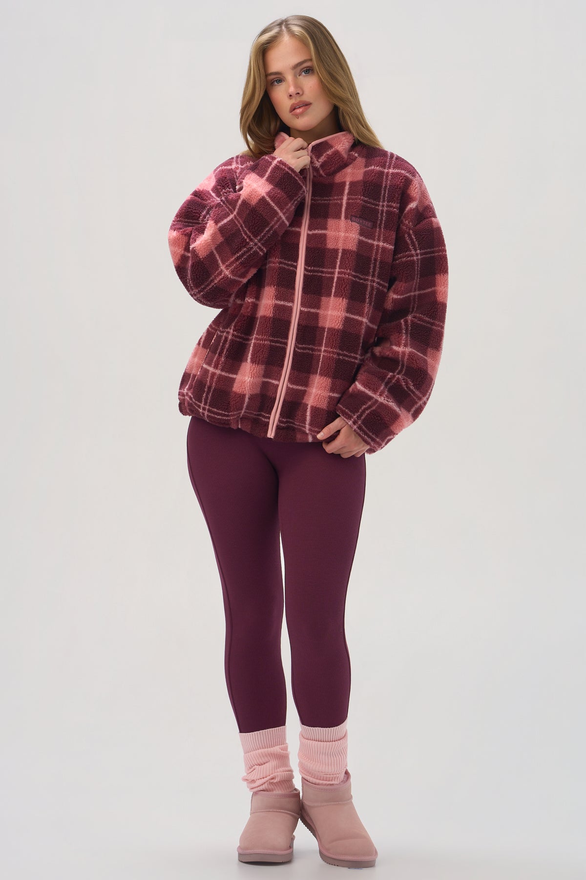 ⁣⁢Oversized Reißverschluss-Fleece in Plum Plaid⁤⁣
