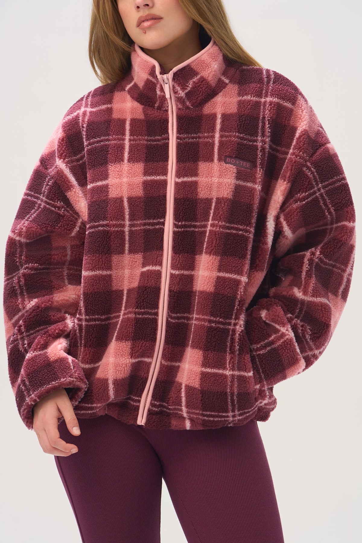 ⁣⁢Oversized Reißverschluss-Fleece in Plum Plaid⁤⁣