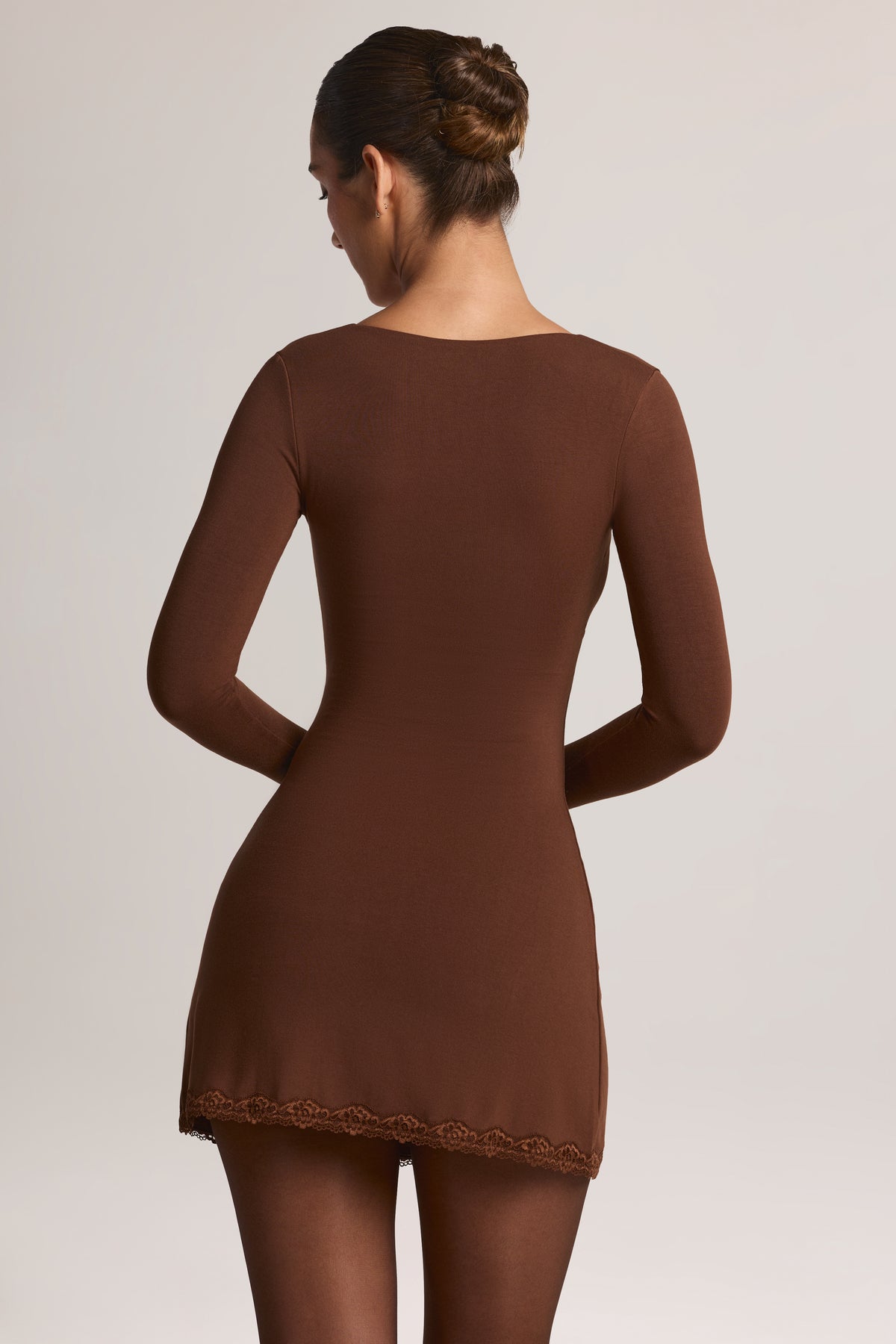 Modal Lace-Trim Long-Sleeve Mini Dress in Cocoa Brown - 2