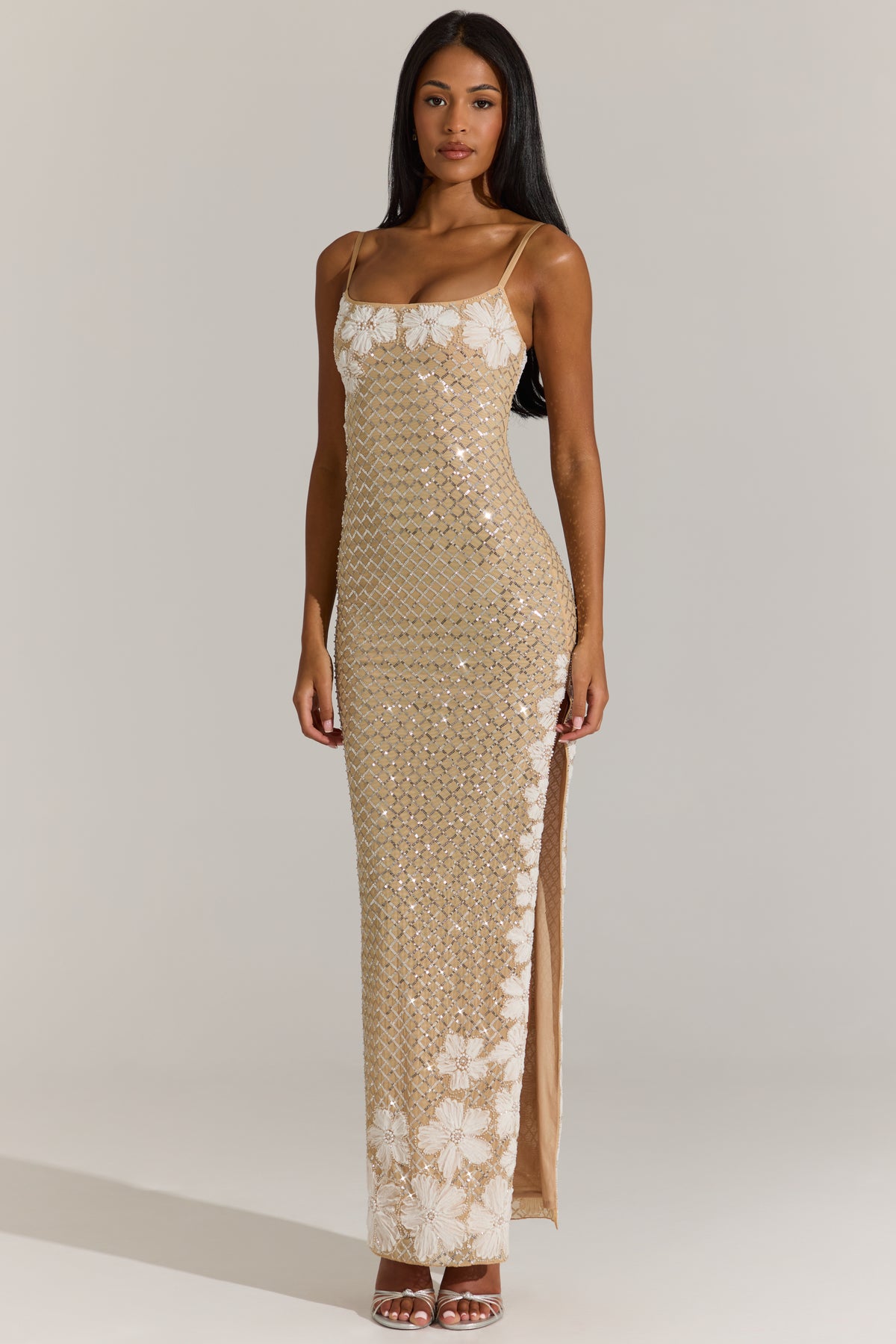 Embellished Square-Neck Maxi Dress in Gold