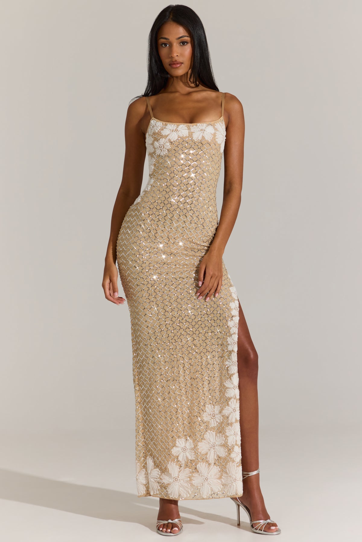 Embellished Square-Neck Maxi Dress in Gold