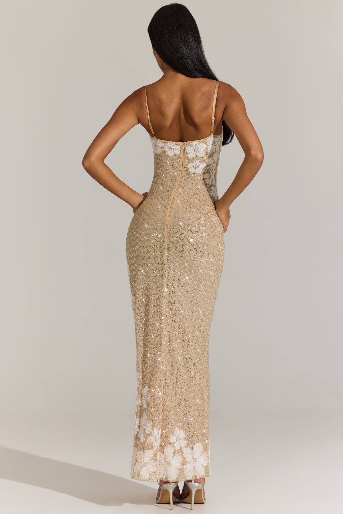 Embellished Square-Neck Maxi Dress in Gold