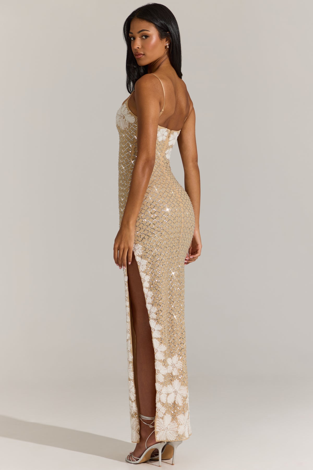Embellished Square-Neck Maxi Dress in Gold