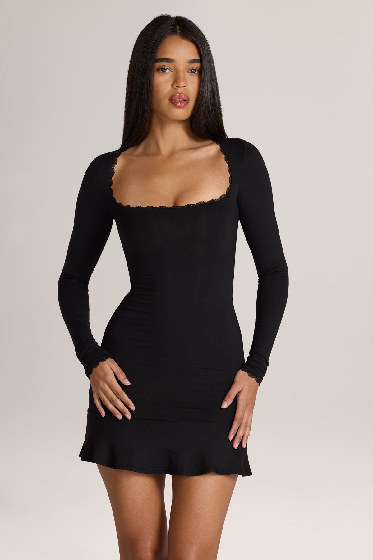 Modal Lace-Trim Mini Dress in Black