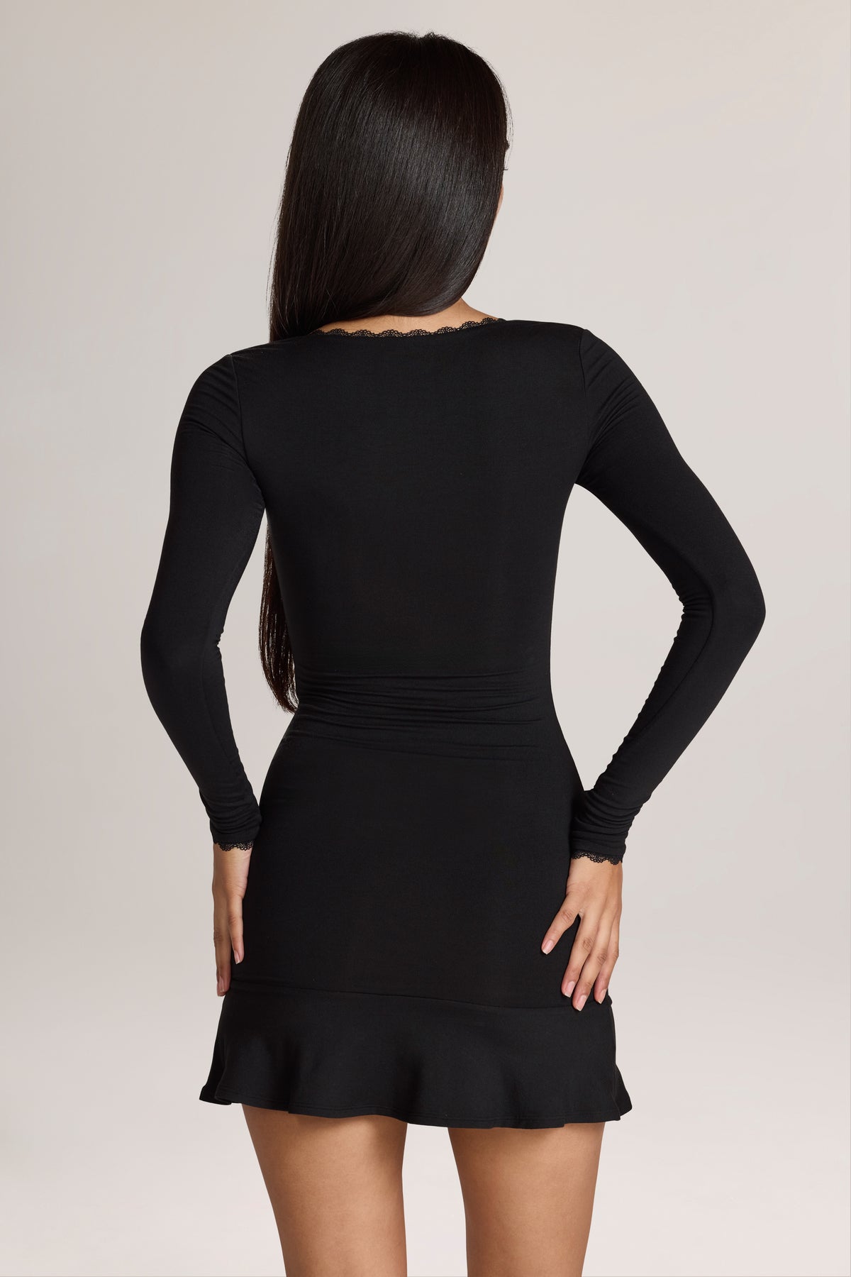 Modal Lace-Trim Mini Dress in Black