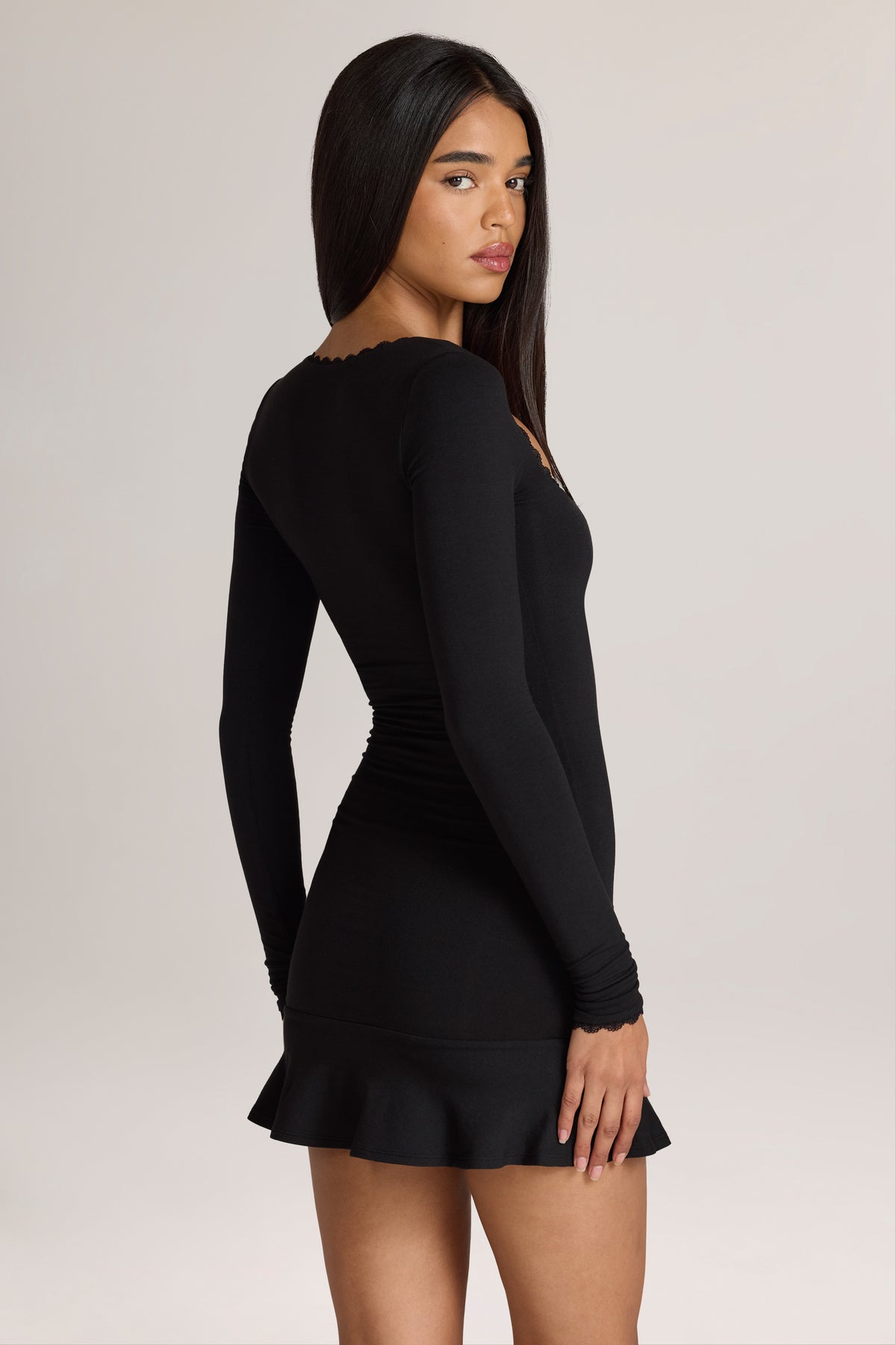 Modal Lace-Trim Mini Dress in Black