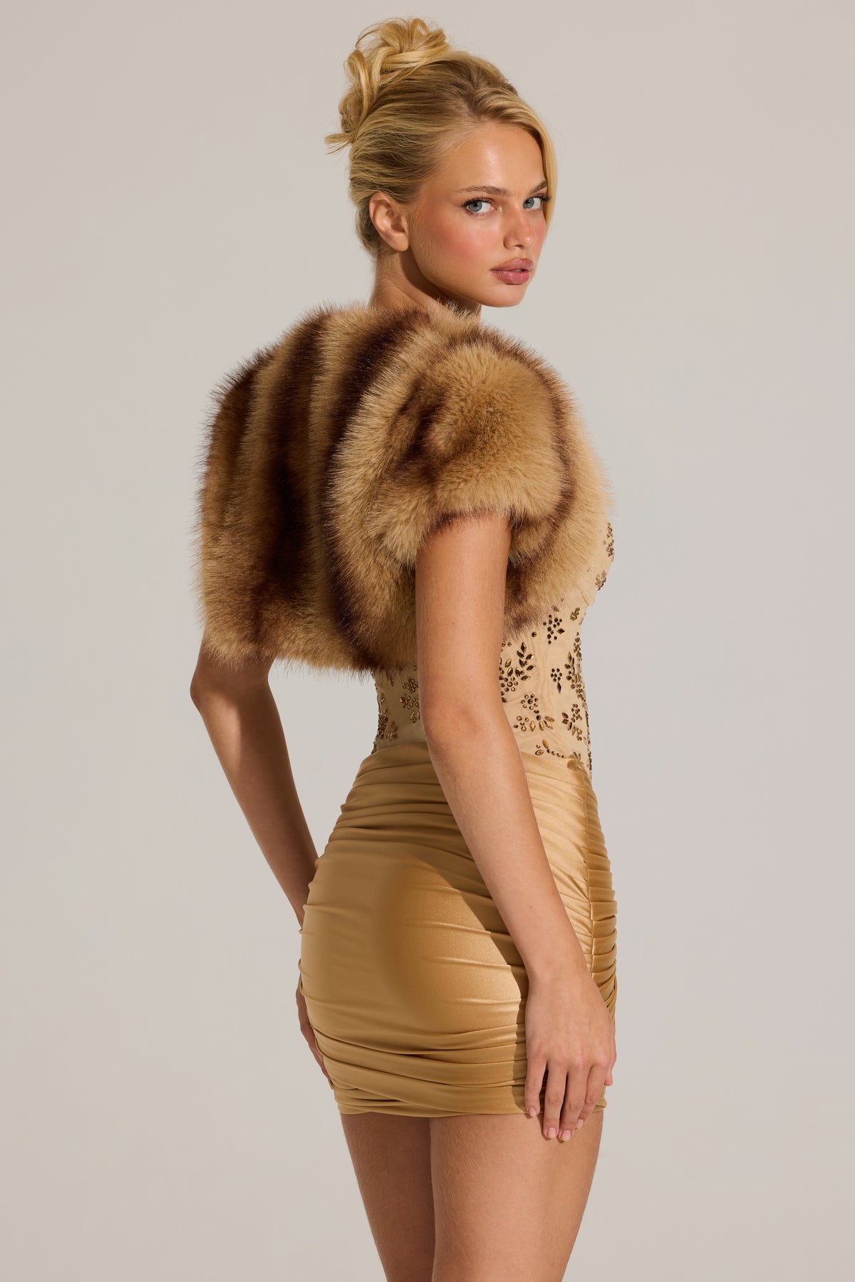 Faux-Fur Short Sleeve Bolero in Mink