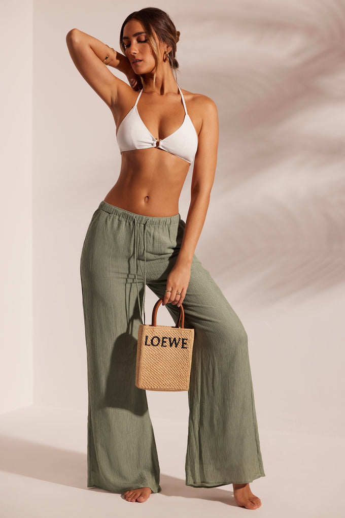 Crinkle Textured Beach Trousers in Light Green