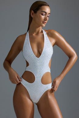 Embellished Cut-Out One-Piece Swimsuit in White