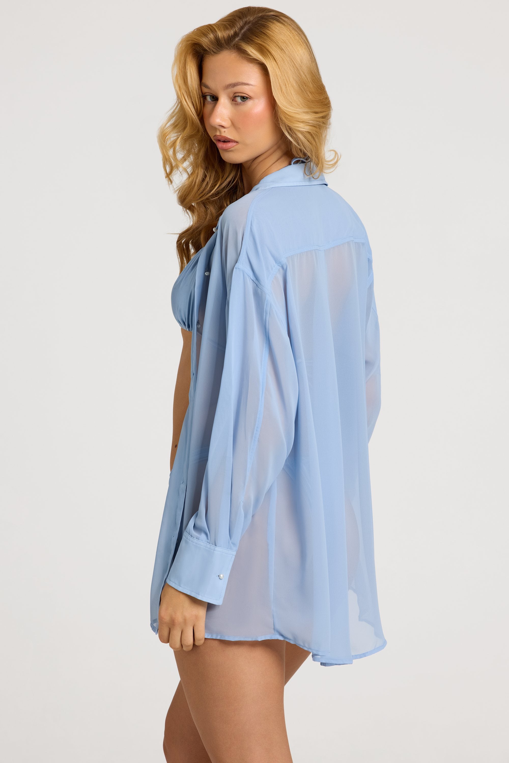 Pearl-Detail Oversized Shirt in Sky Blue - 2