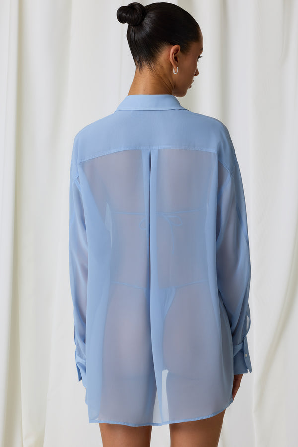 Pearl-Detail Oversized Shirt in Sky Blue - 2