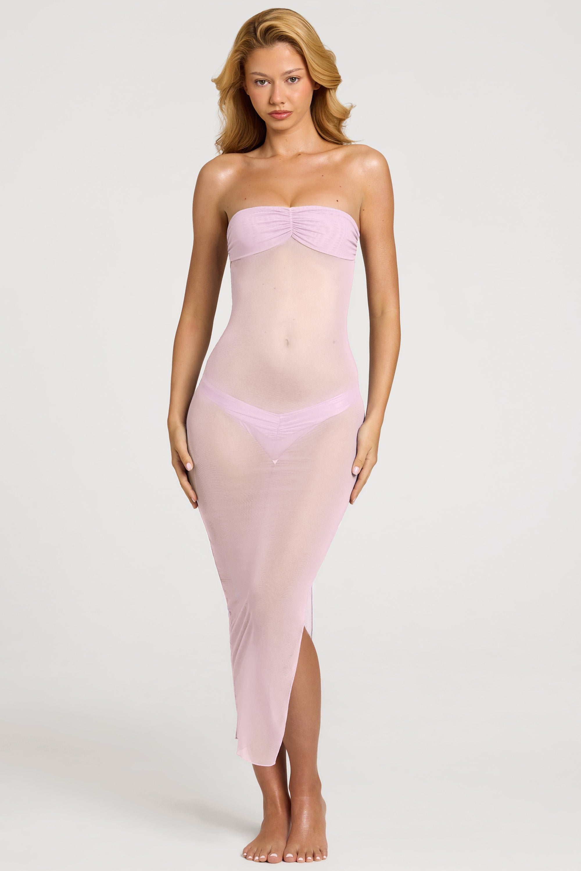 Ruched Bandeau Midi Dress in Soft Pink - 1