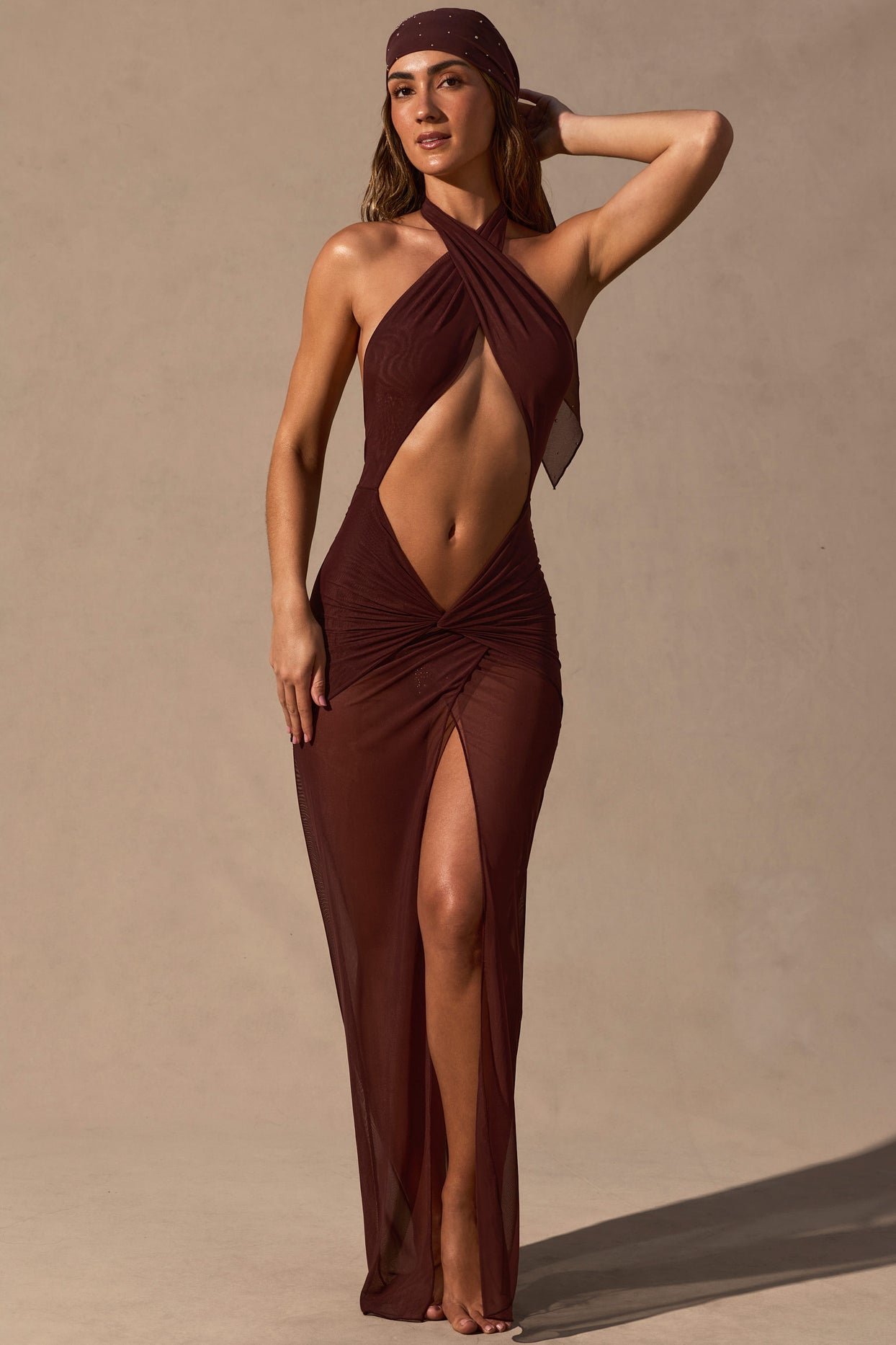 Cut-Out Halterneck Maxi Dress in Espresso Brown - 1