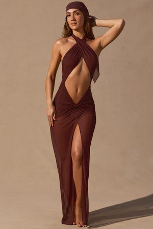 Cut-Out Halterneck Maxi Dress in Espresso Brown