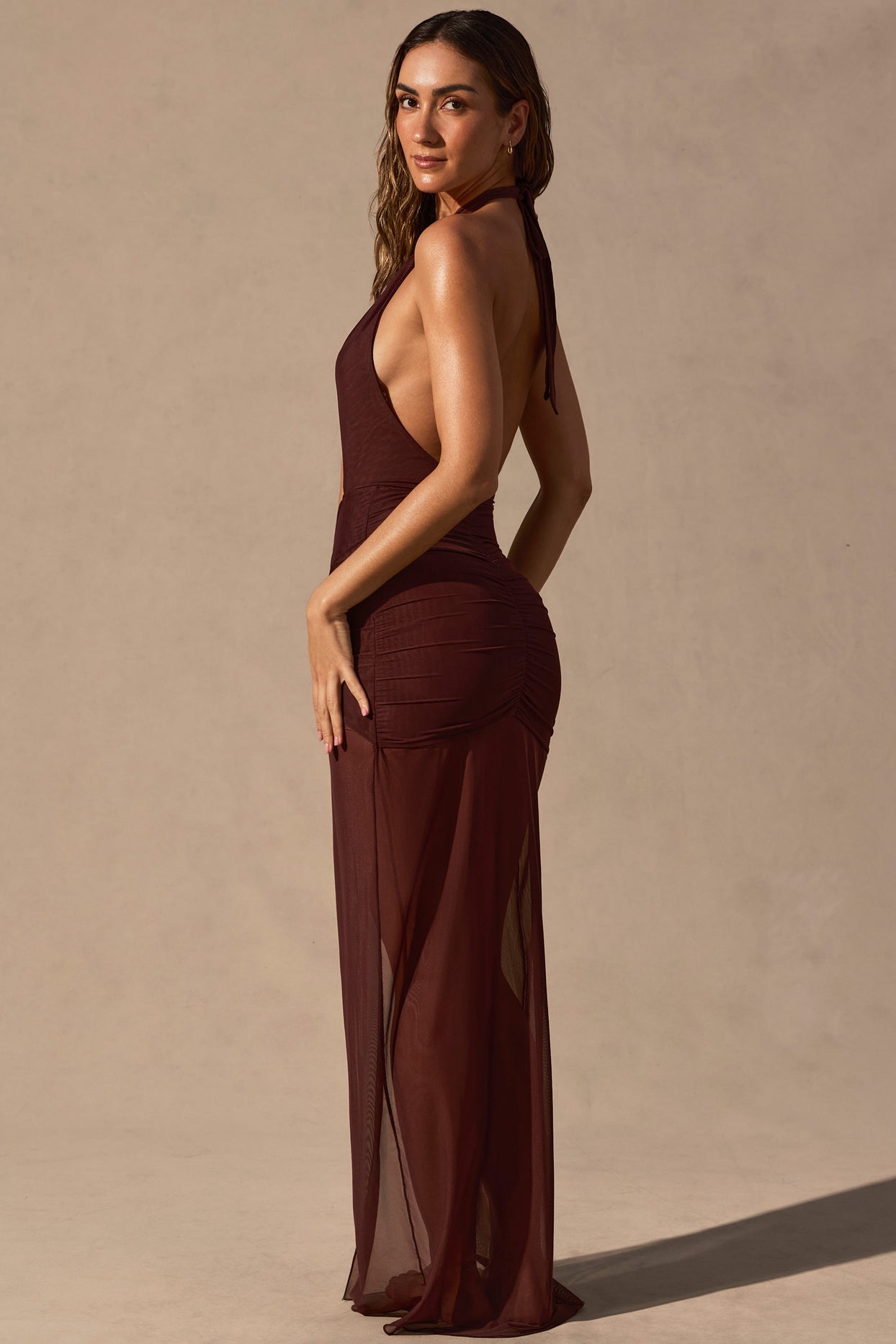 Cut-Out Halterneck Maxi Dress in Espresso Brown - 6