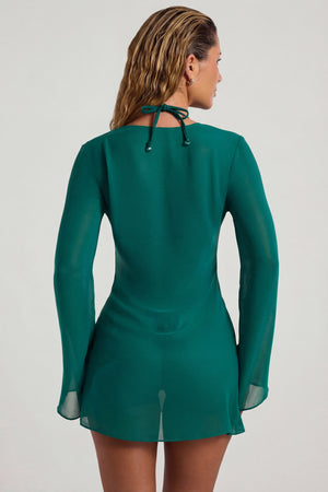 Oh Polly Swim's Sierra Skye wearing the Vista Mini Dress in Jade Green fabric perfect for beachside brunch