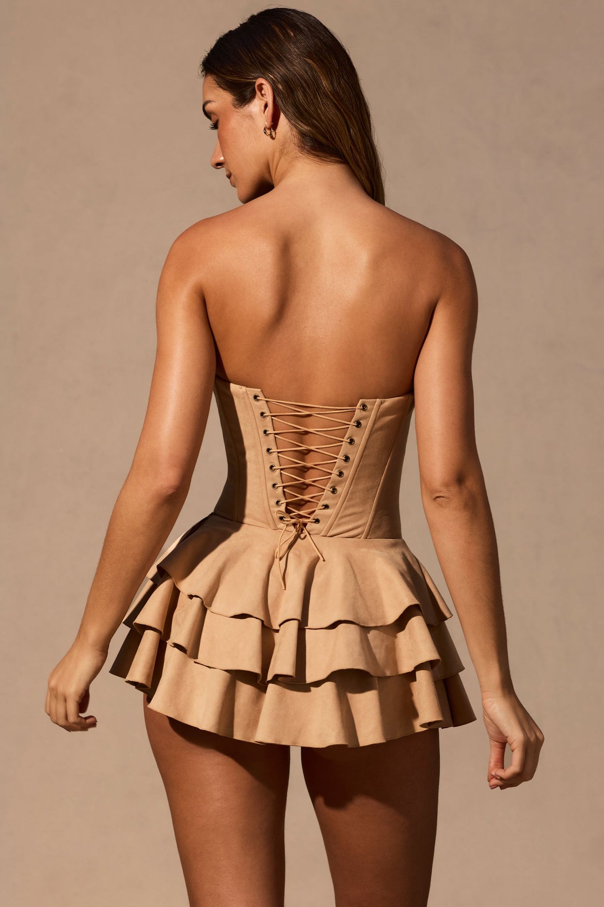 Ruffled Lace-Up Corset Playsuit in Tan - 4