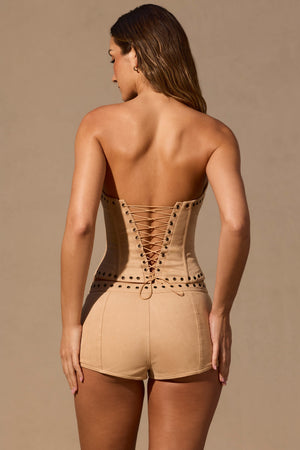 Lace-Up Corset Top  in Tan