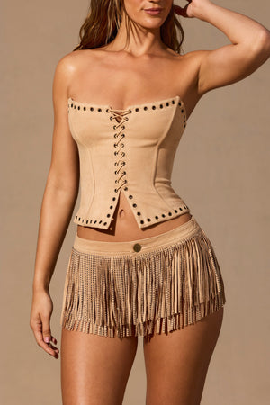 Fringed Low-Rise Mini Shorts in Tan