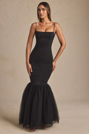 Tulle Hem Fishtail Gown in Black