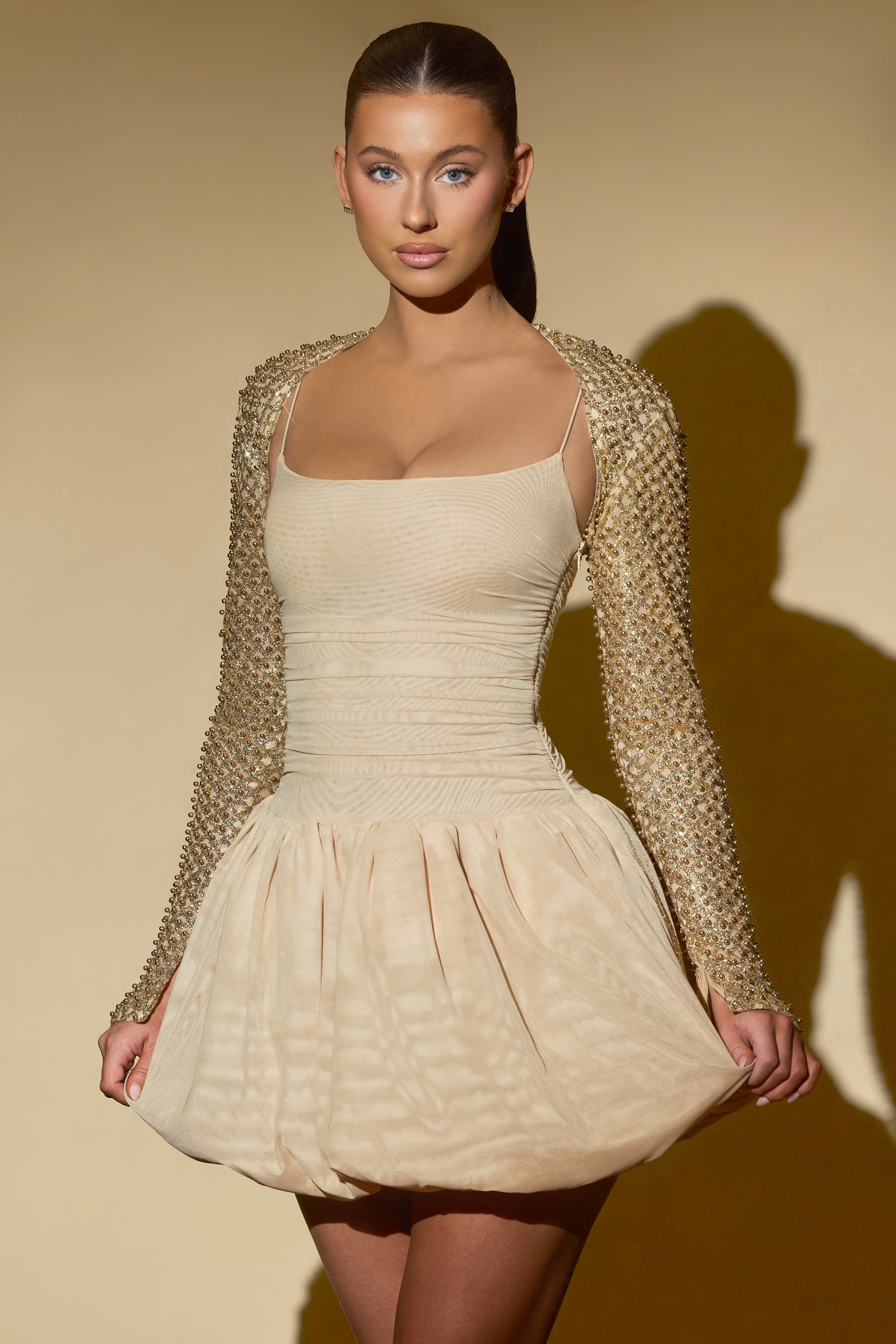 Aletta Embellished Bubble Hem Mini Dress in Gold