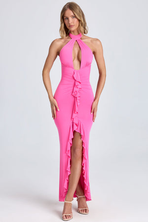 bandeau cut-out ruffle-trim maxi dress in lollipop pink Bandeau Ruched Ruffle-Trim Maxi Dress in Blush