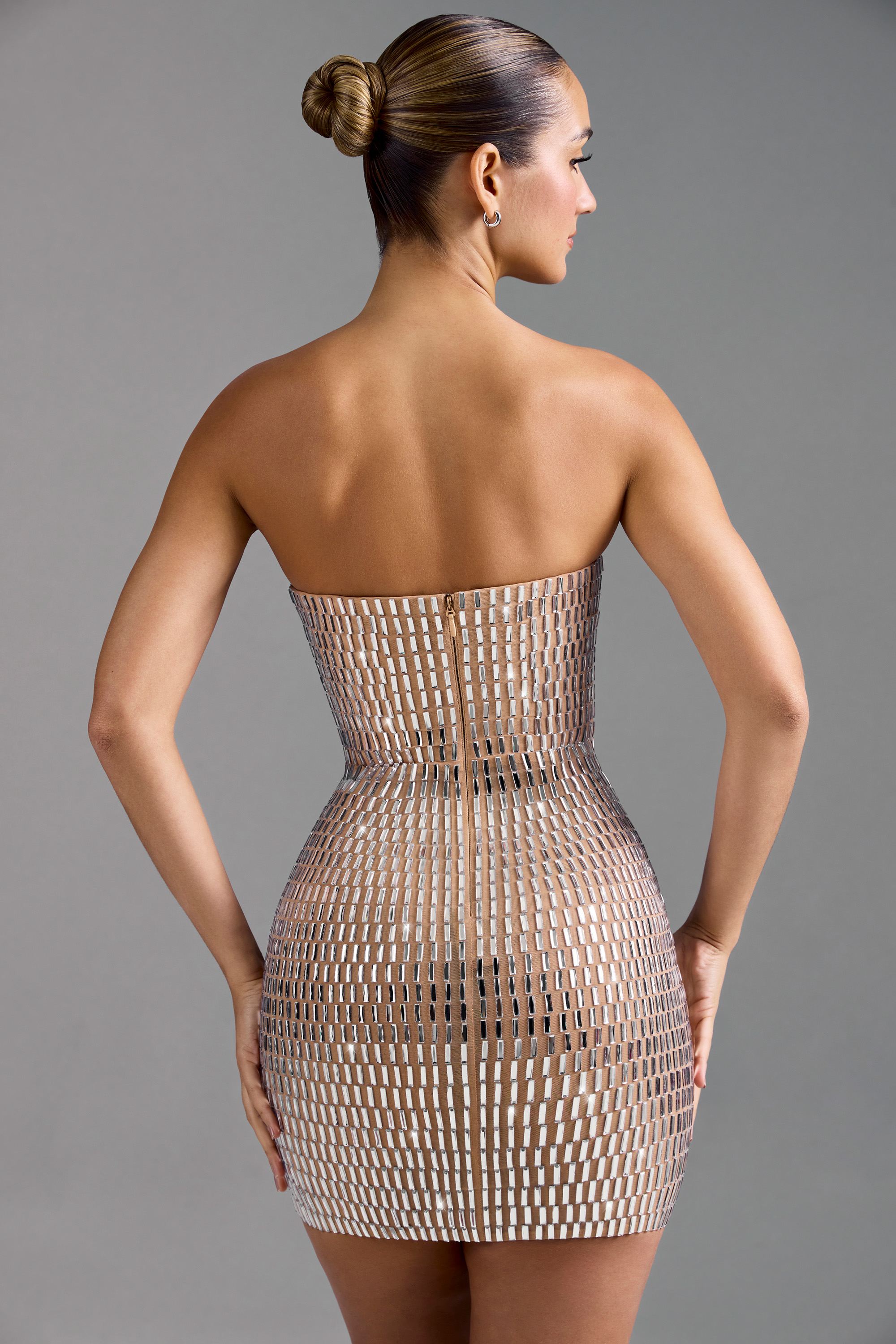 Aurora Embellished Bandeau Mini Dress in Almond