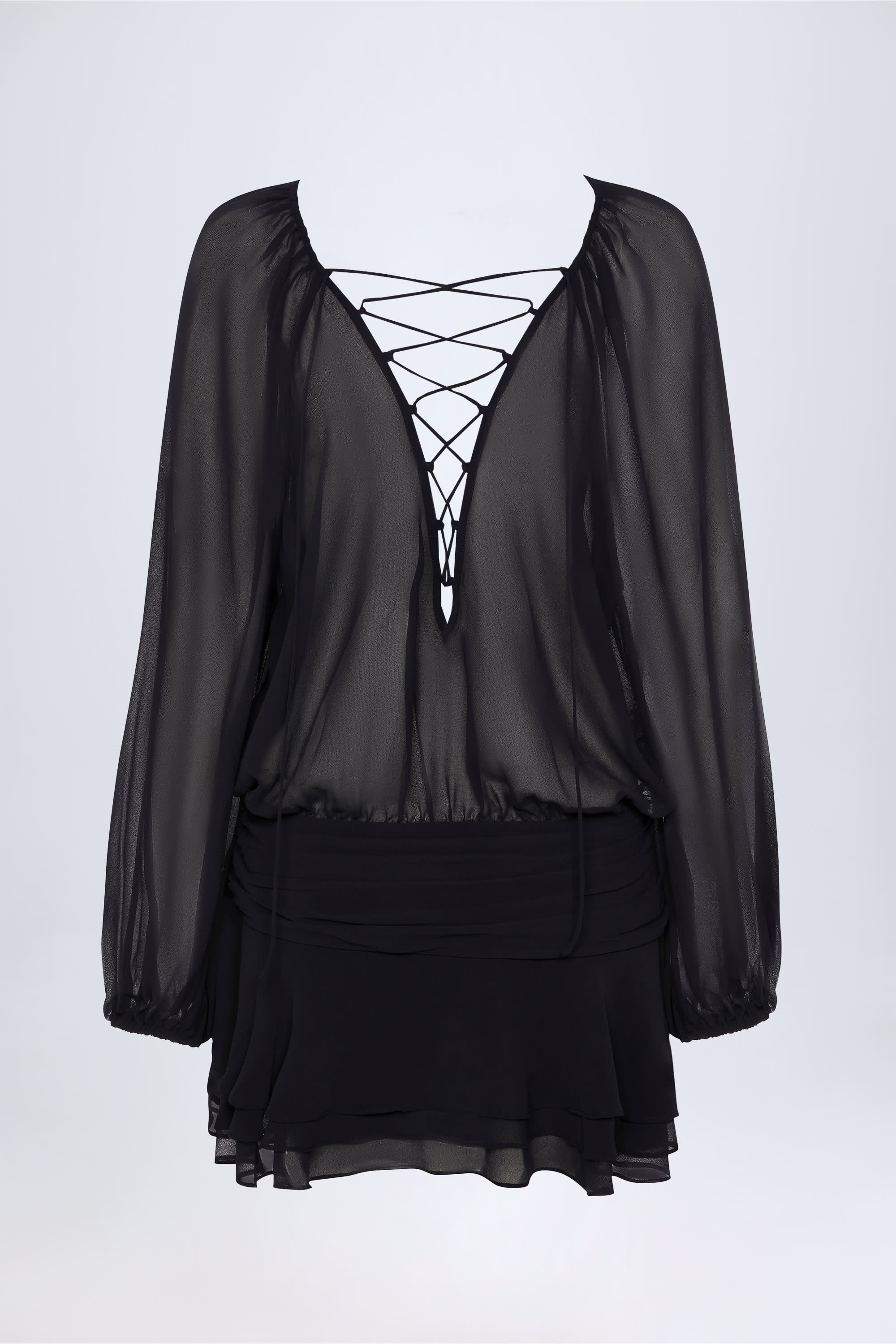 Avalon Lace-Up Balloon-Sleeve Mini Dress in Black