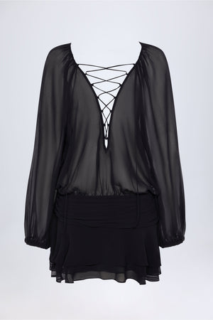 Lace-Up Balloon-Sleeve Mini Dress in Black