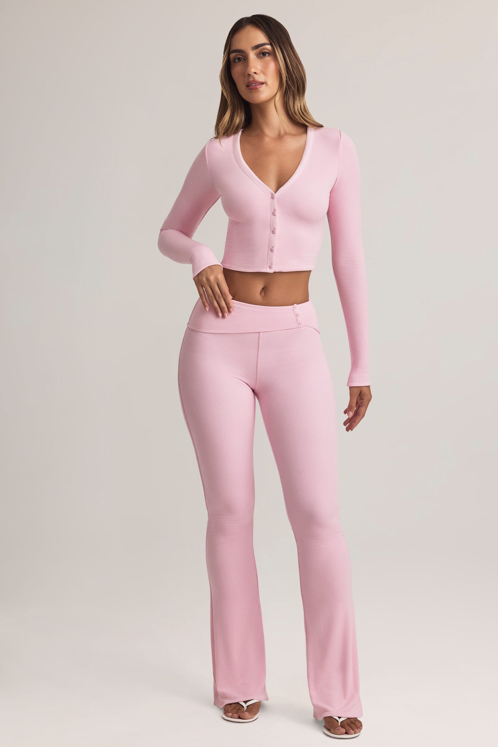 Modal Foldover Mid-Rise Flared Trousers in Pastel Pink - 1