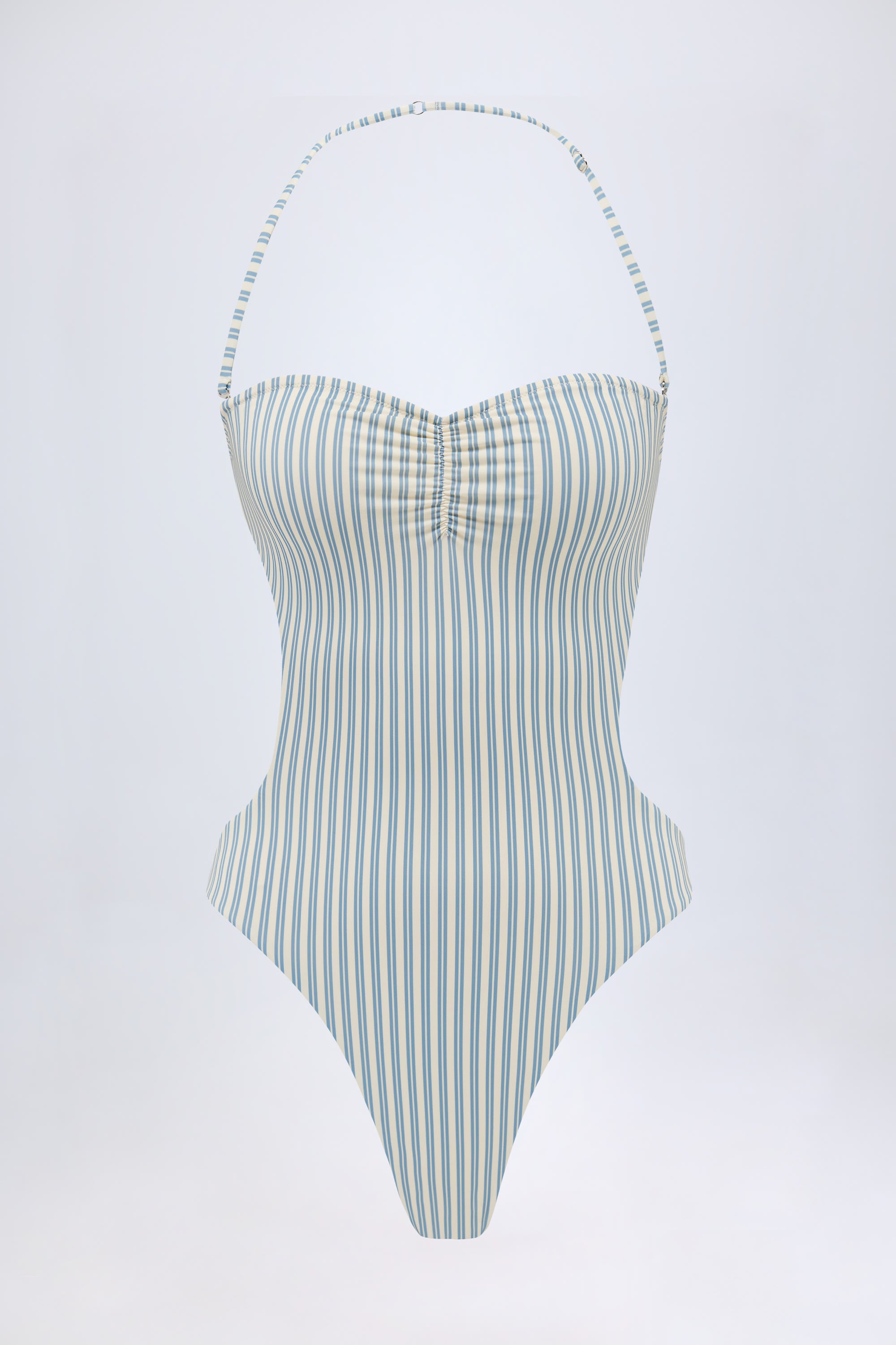 Cut-Out Halterneck Swimsuit in Teal Double Stripe - 2