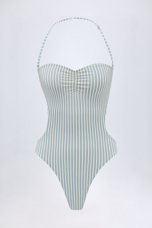 Cut-Out Halterneck Swimsuit in Teal Double Stripe