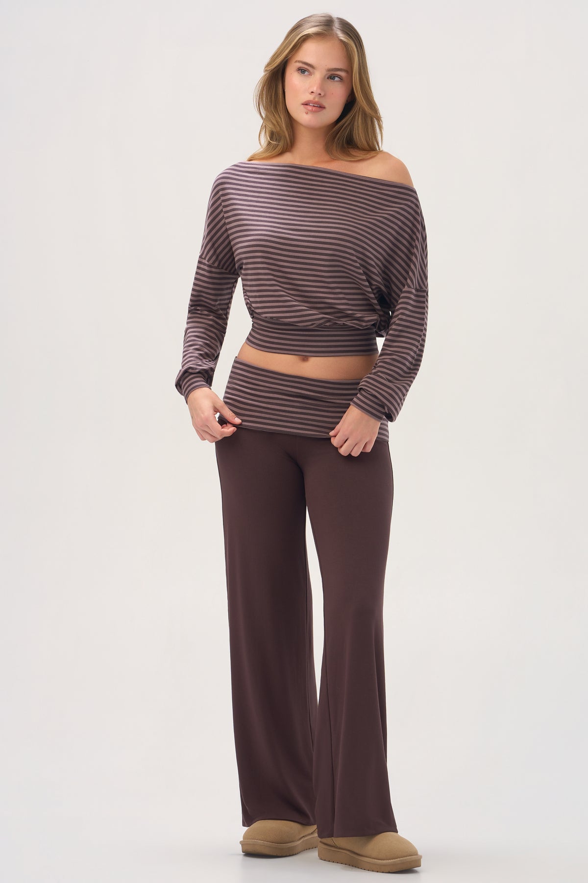 ⁣⁢ButterCloud™ Slouchy Off-Shoulder Top in Espresso Stripe⁤⁣ - 2