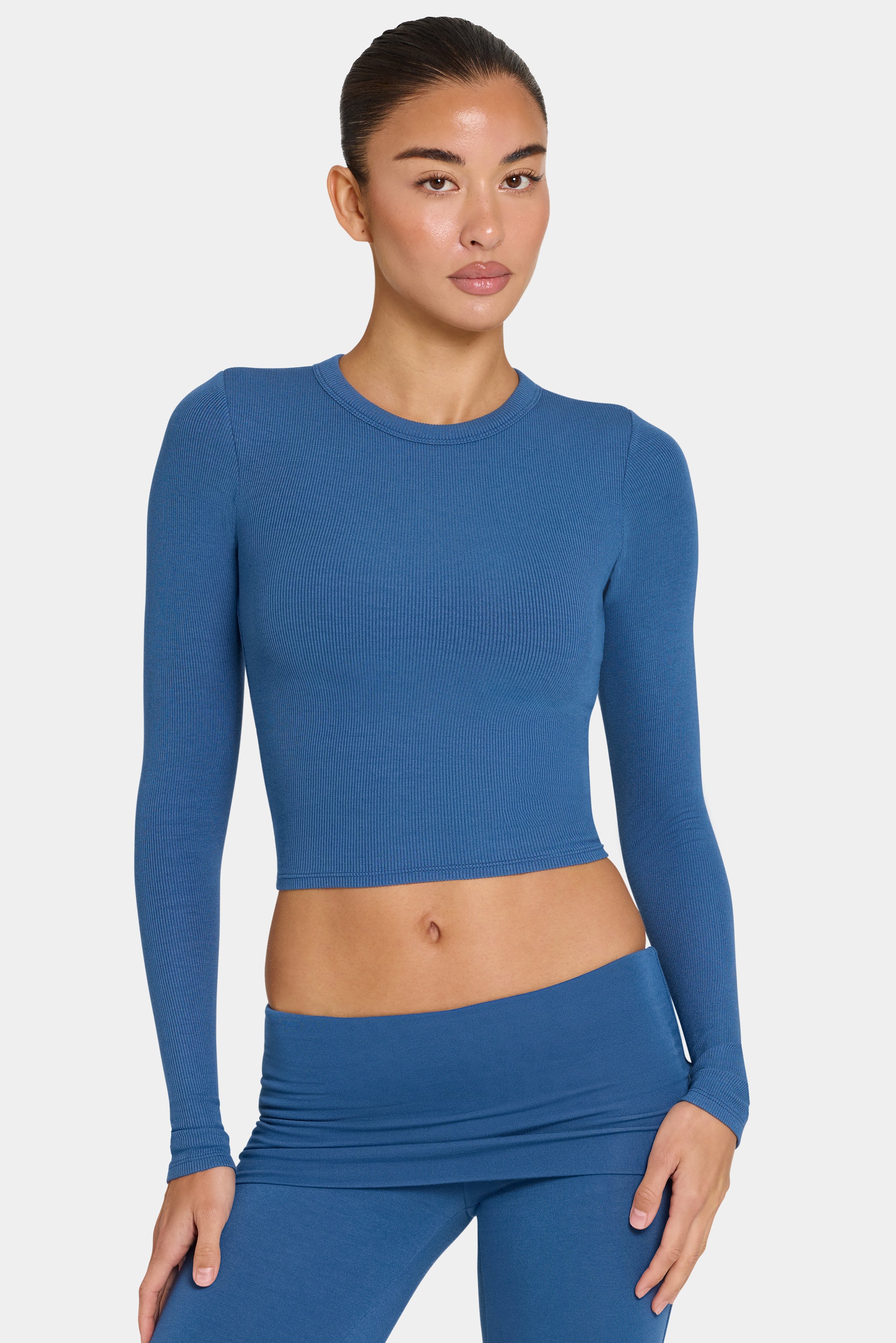 ButterCloud™ Built-In Bra Long Sleeve Crop Top in Marine